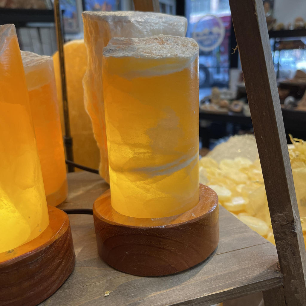 Honeycomb Calcite Lamp with Wood Base