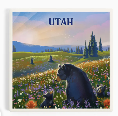 Ceramic Coaster Utah, Lithograph, Bear Family in Field