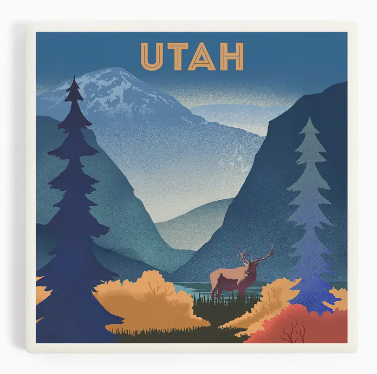 Ceramic Coaster Utah, Lithograph, Elk & Mountains Scene