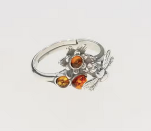 Cognac Amber Bee/Flower Adjustable Ring