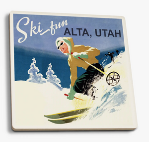 Ceramic Coaster Alta, Utah, Ski Fun, Vintage Skier
