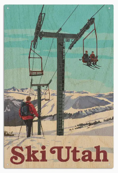 Wood Sign Art Ski Utah, Ski Lift Day Scene