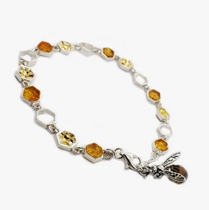 
            
                Load image into Gallery viewer, Baltic Amber .925 Silver Bee On Honeycomb Link Bracelet
            
        
