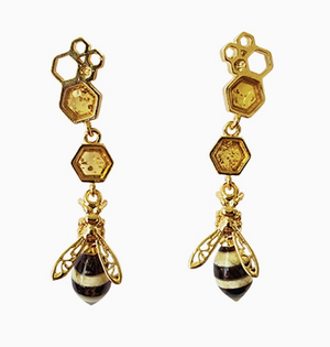 Amber Gold Plated Sterling Silver Bee On Honeycomb Earrings